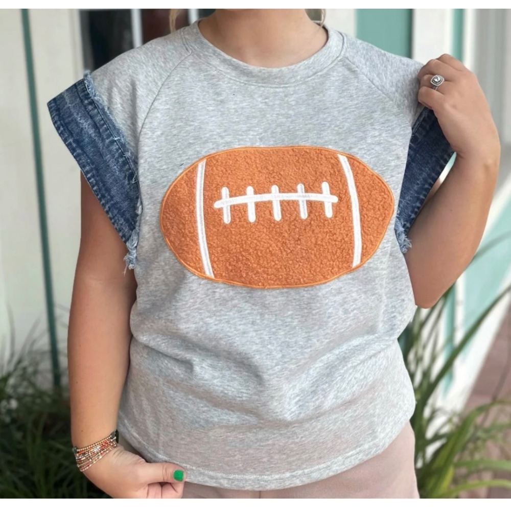 BiBi Womens Heather Gray Football Chenille Patch Denim Trim Sweatshirt‎ Top S